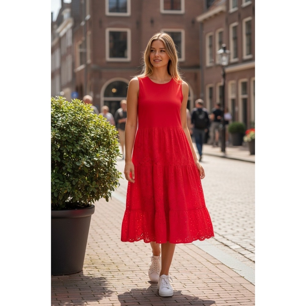 L.N.V. Red Sleeveless Tiered Eyelet Midi Dress Womens 2X New With Tags